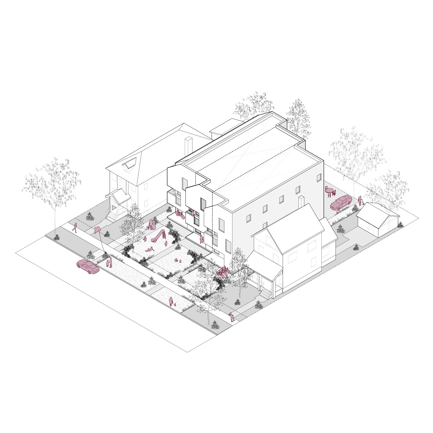 Rendu filaire 3D d’un immeuble d’une superficie de 264 mètres carrés (2 840 pieds carrés). L’image montre l'immeuble de maisons en rangée de trois étages qui s’intègre parfaitement à un paysage urbain cohérent, en mettant l’accent sur sa faible superficie au sol et sa conception urbaine. 